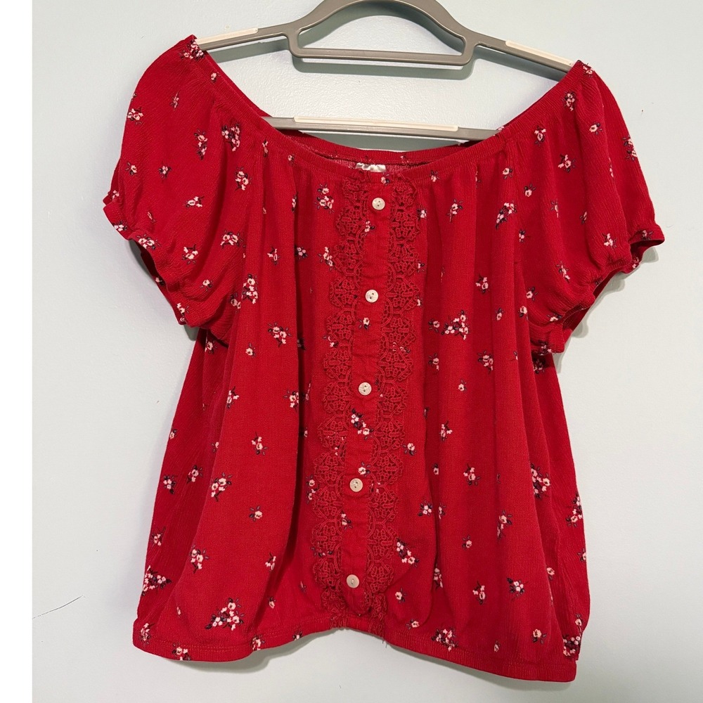 No Boundaries Women's XXL Red Floral Off Shoulder Crochet Lace Button Front 1639